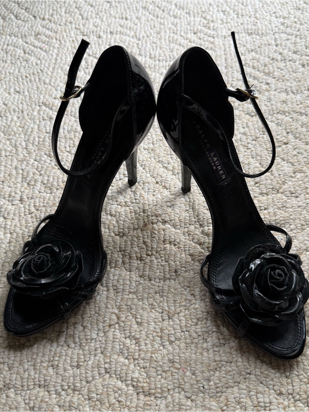 Ralph Lauren Collection Made in Italy Black Patent Leather Rosette Sandals 8.5